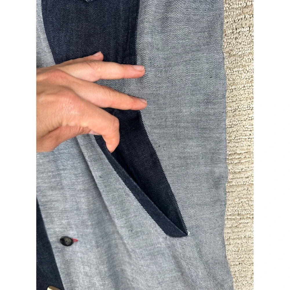 Two Tone Denim Long Coat Blue Grey Colorblock Button Up Duster Jacket